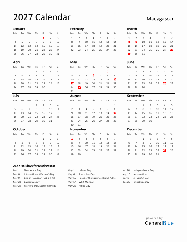 Standard Holiday Calendar for 2027 with Madagascar Holidays