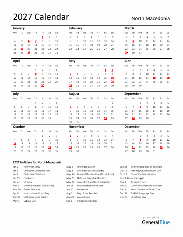 Standard Holiday Calendar for 2027 with North Macedonia Holidays 