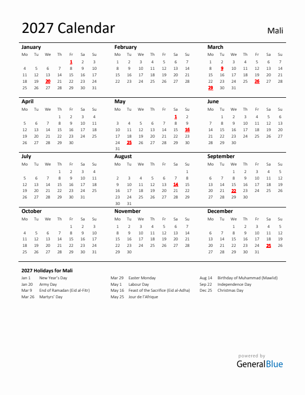 Standard Holiday Calendar for 2027 with Mali Holidays 