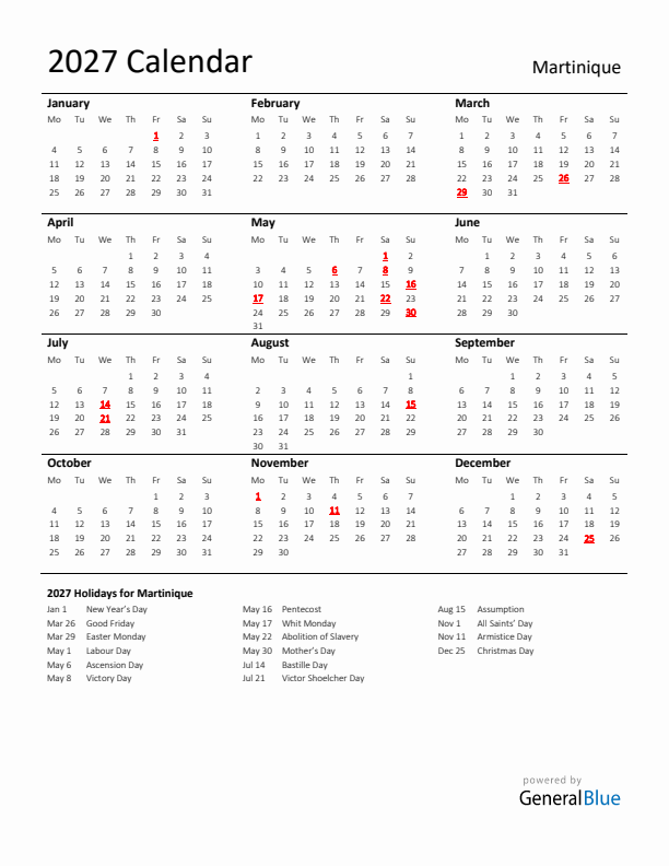 Standard Holiday Calendar for 2027 with Martinique Holidays