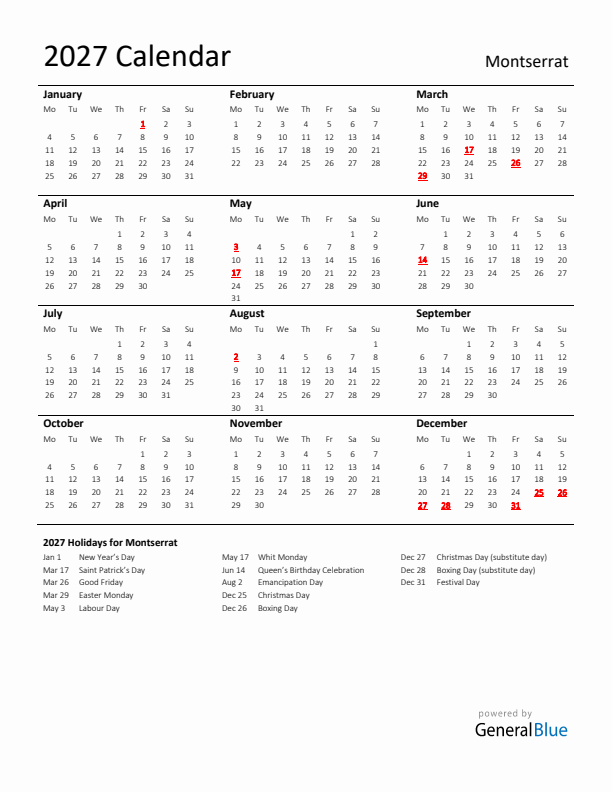 Standard Holiday Calendar for 2027 with Montserrat Holidays 