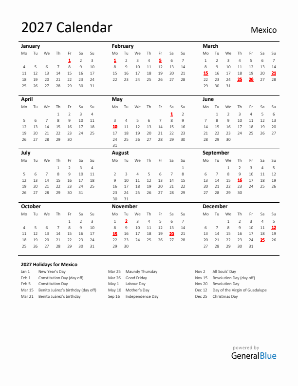 Standard Holiday Calendar for 2027 with Mexico Holidays