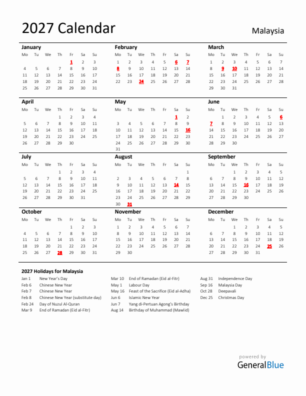 Standard Holiday Calendar for 2027 with Malaysia Holidays 