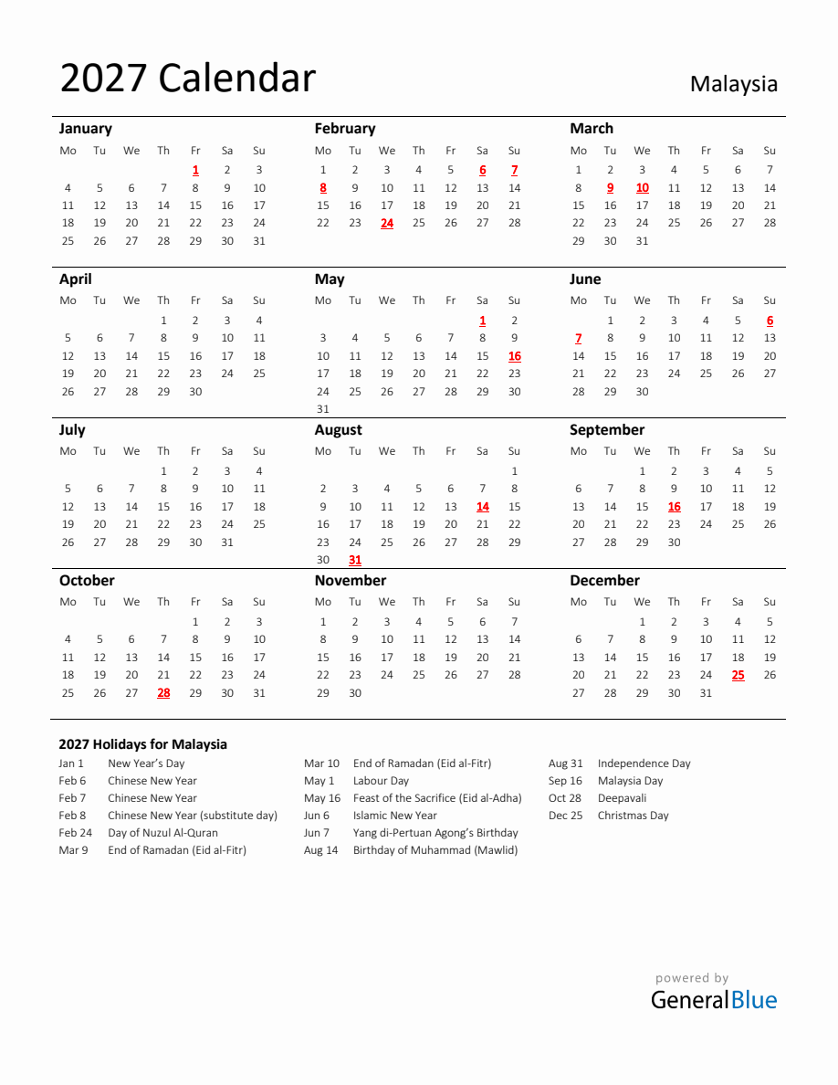 Standard Holiday Calendar for 2027 with Malaysia Holidays - Monday Start