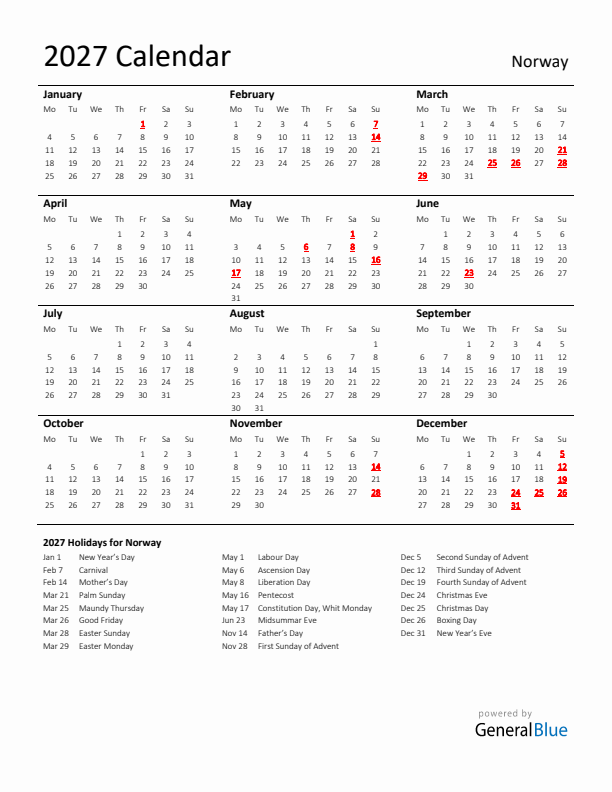Standard Holiday Calendar for 2027 with Norway Holidays