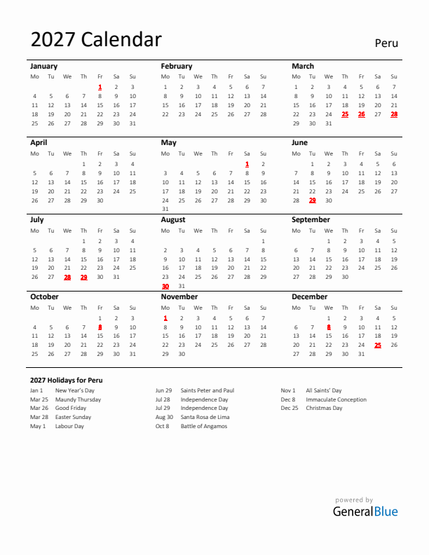 Standard Holiday Calendar for 2027 with Peru Holidays