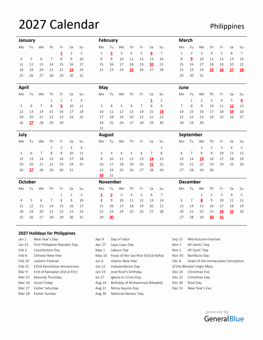 Standard Holiday Calendar for 2027 with Philippines Holidays - Monday Start