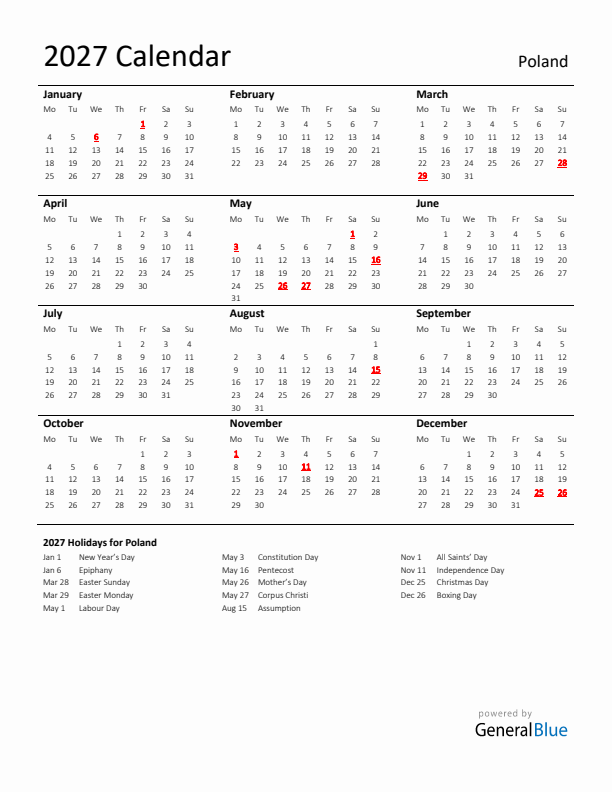 Standard Holiday Calendar for 2027 with Poland Holidays