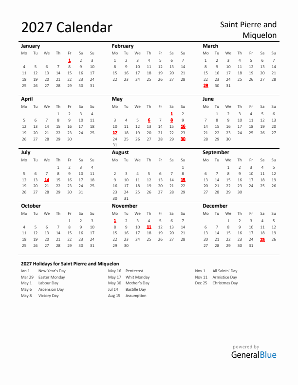 Standard Holiday Calendar for 2027 with Saint Pierre and Miquelon Holidays 