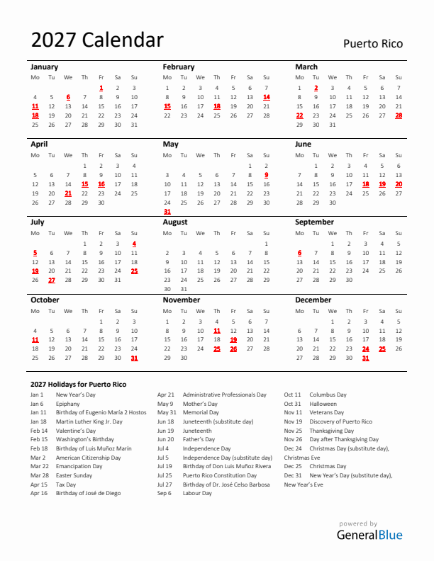 Standard Holiday Calendar for 2027 with Puerto Rico Holidays 
