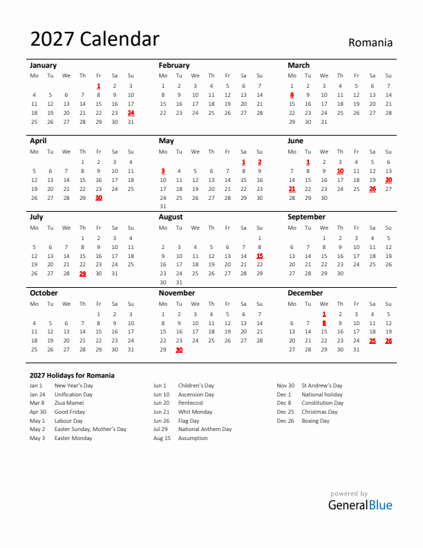 Standard Holiday Calendar for 2027 with Romania Holidays