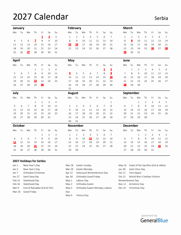 Standard Holiday Calendar for 2027 with Serbia Holidays