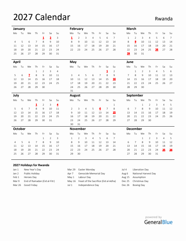 Standard Holiday Calendar for 2027 with Rwanda Holidays