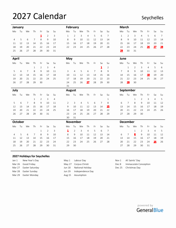 Standard Holiday Calendar for 2027 with Seychelles Holidays 