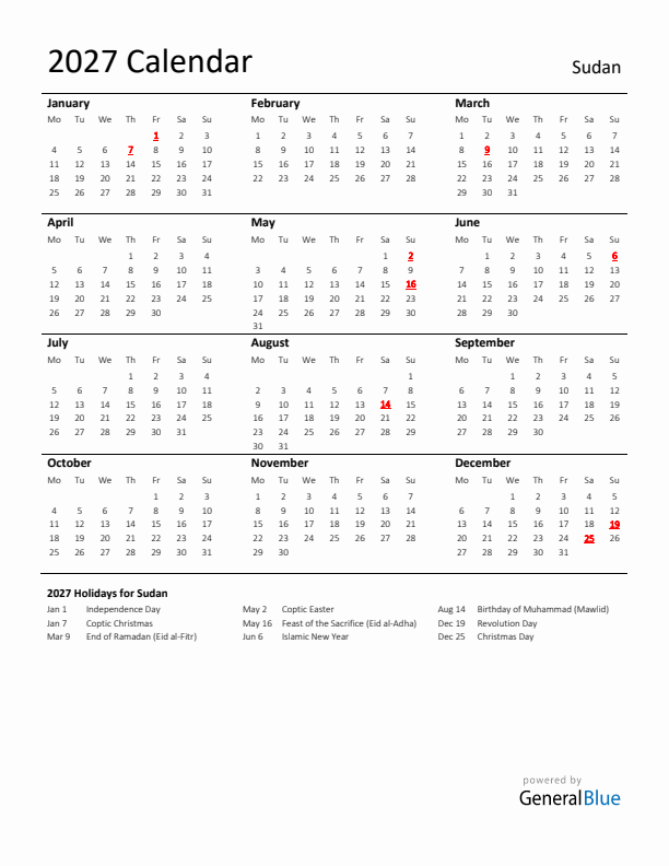 Standard Holiday Calendar for 2027 with Sudan Holidays 