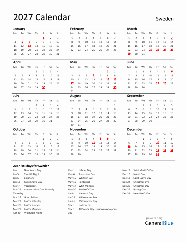 Standard Holiday Calendar for 2027 with Sweden Holidays