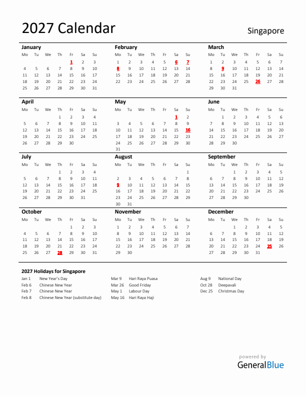 Standard Holiday Calendar for 2027 with Singapore Holidays