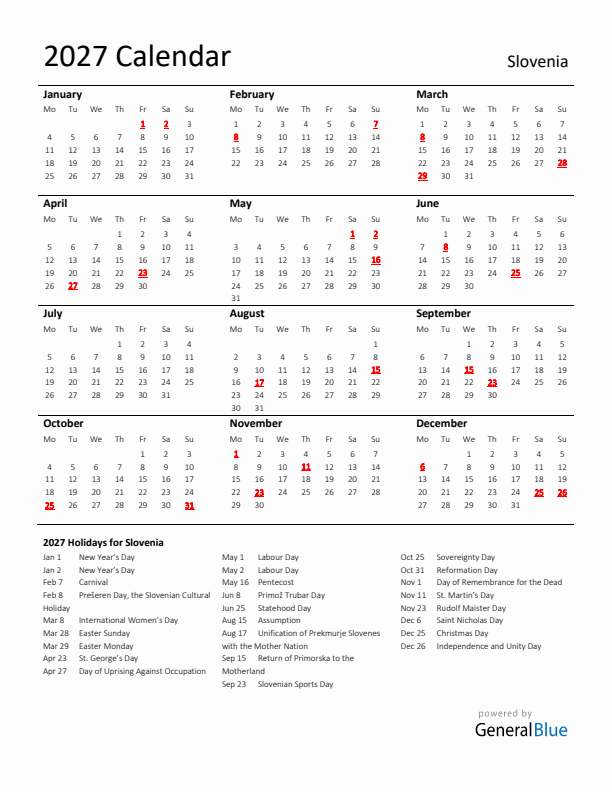 Standard Holiday Calendar for 2027 with Slovenia Holidays