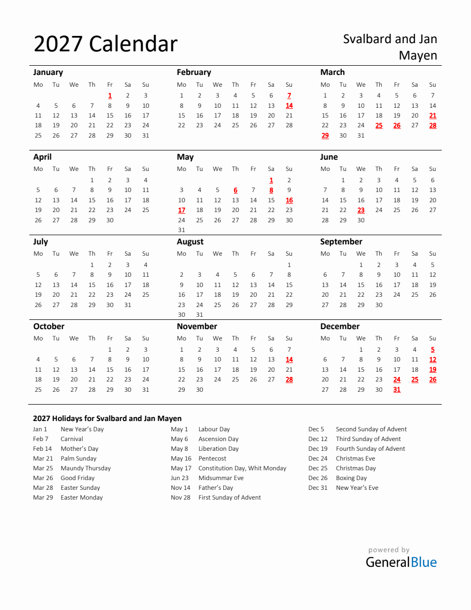 Standard Holiday Calendar for 2027 with Svalbard and Jan Mayen Holidays ...