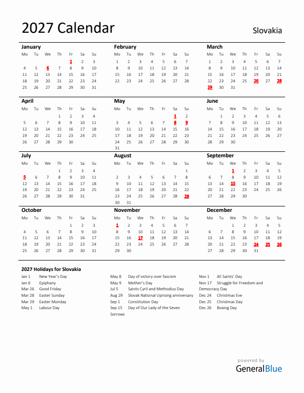Standard Holiday Calendar for 2027 with Slovakia Holidays