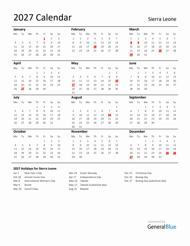 Standard Holiday Calendar for 2027 with Sierra Leone Holidays 