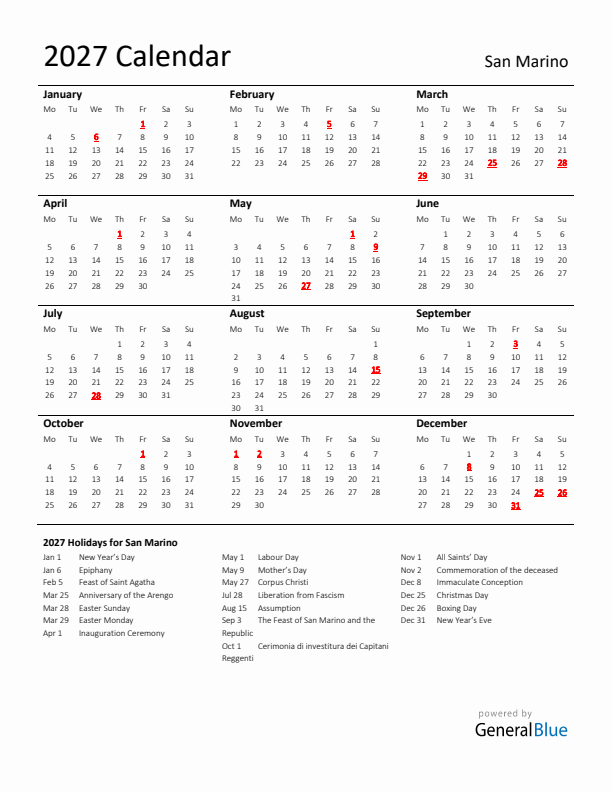 Standard Holiday Calendar for 2027 with San Marino Holidays