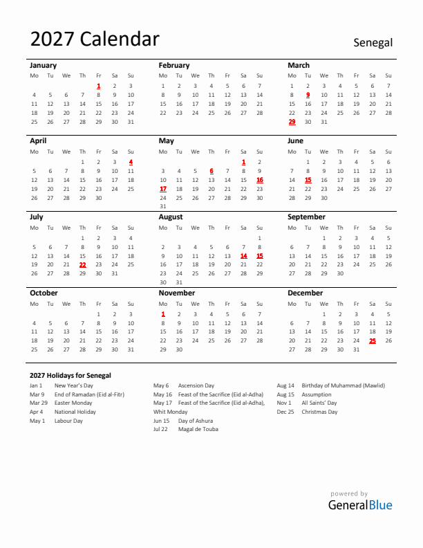 Standard Holiday Calendar for 2027 with Senegal Holidays 