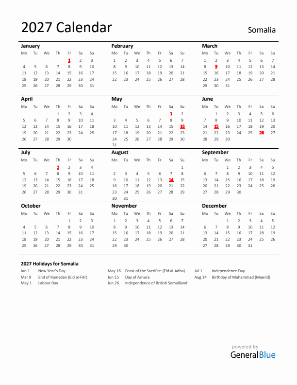 Standard Holiday Calendar for 2027 with Somalia Holidays