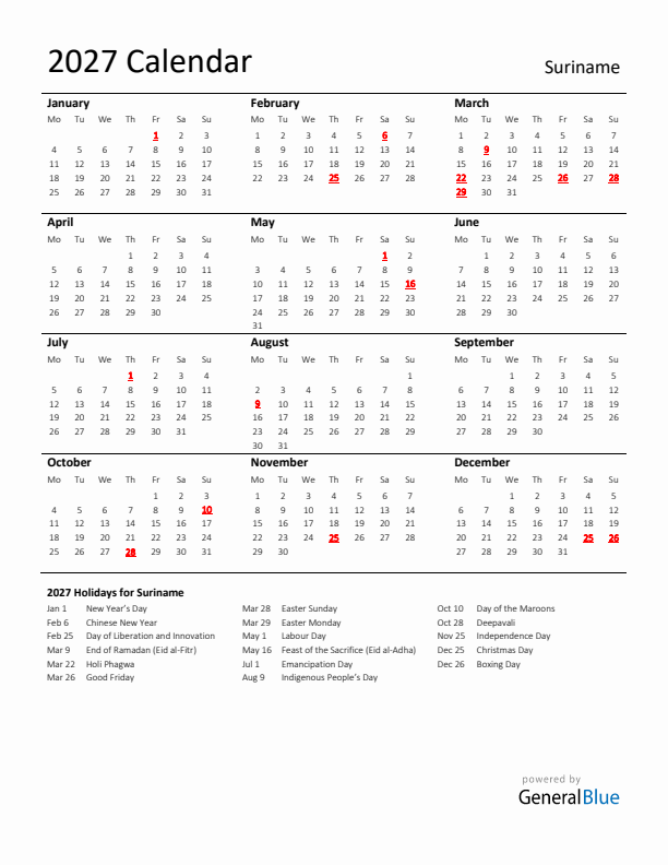 Standard Holiday Calendar for 2027 with Suriname Holidays 