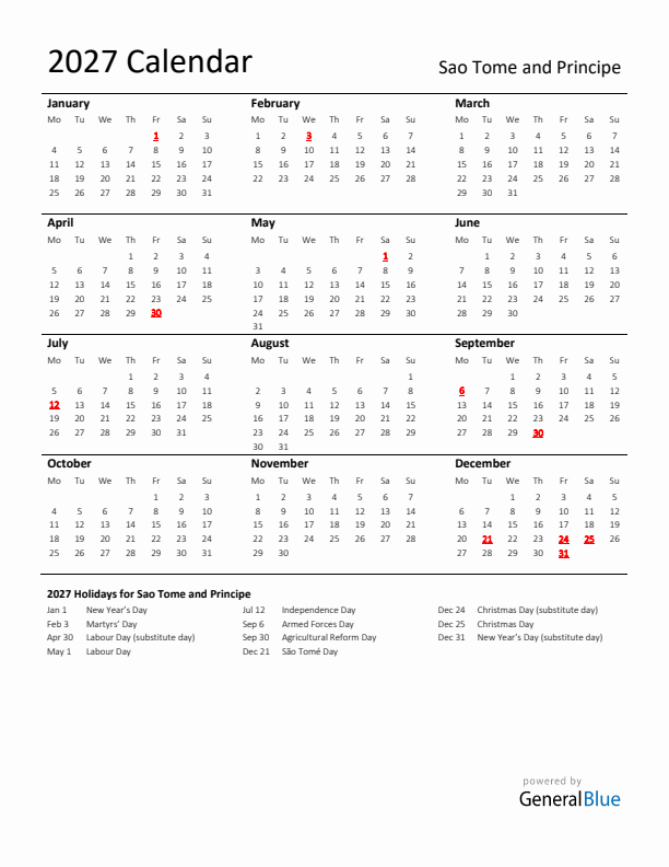Standard Holiday Calendar for 2027 with Sao Tome and Principe Holidays 