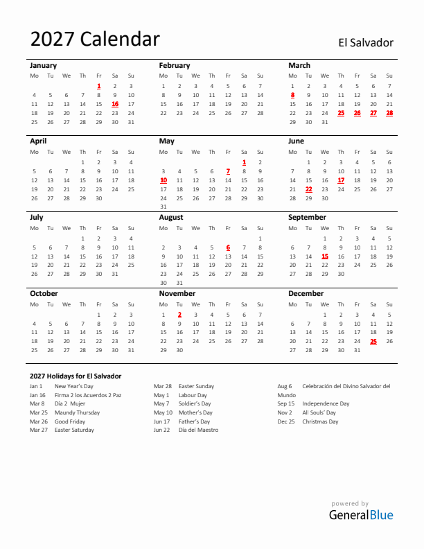 Standard Holiday Calendar for 2027 with El Salvador Holidays