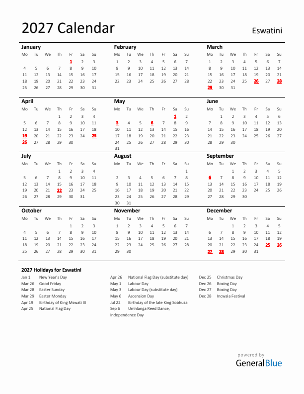 Standard Holiday Calendar for 2027 with Eswatini Holidays 