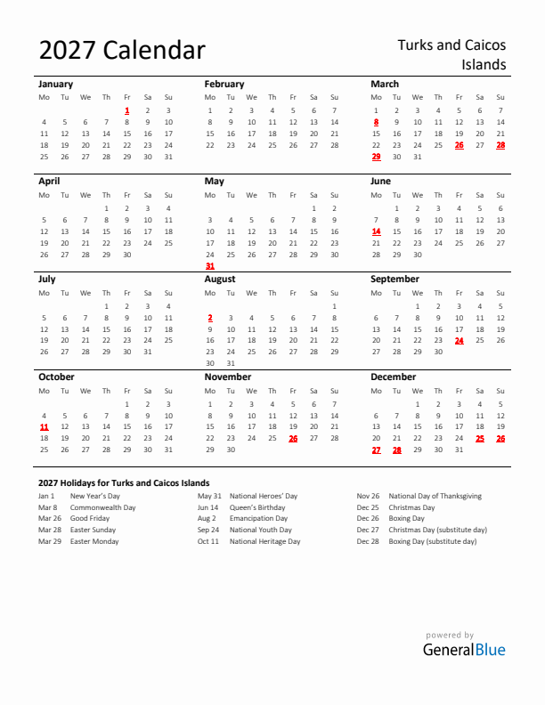Standard Holiday Calendar for 2027 with Turks and Caicos Islands Holidays 