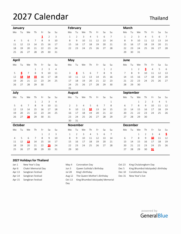 Standard Holiday Calendar for 2027 with Thailand Holidays 