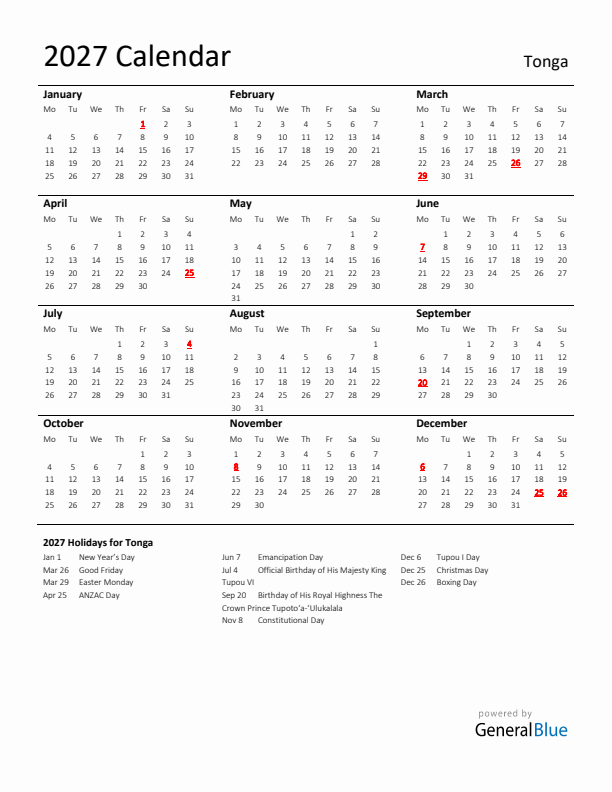 Standard Holiday Calendar for 2027 with Tonga Holidays 