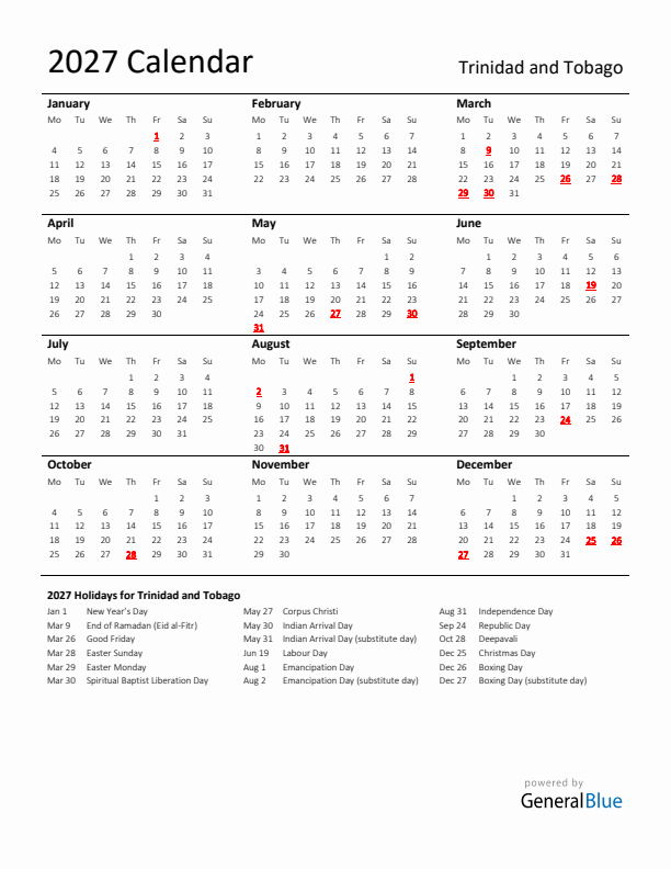 Standard Holiday Calendar for 2027 with Trinidad and Tobago Holidays 