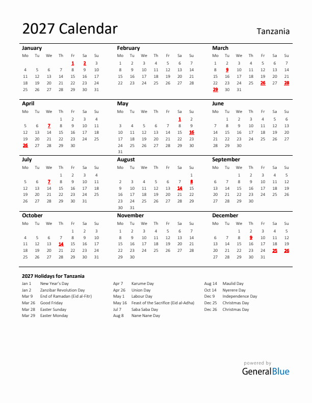 Standard Holiday Calendar for 2027 with Tanzania Holidays