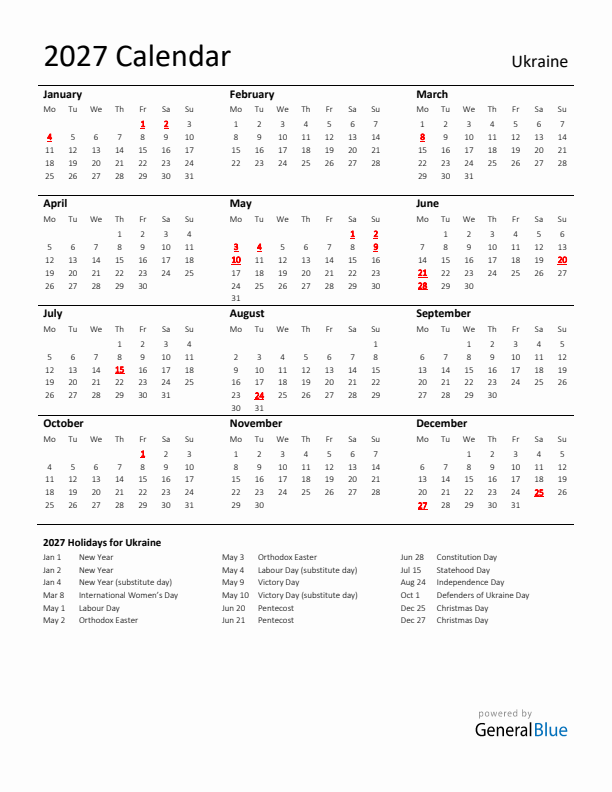 Standard Holiday Calendar for 2027 with Ukraine Holidays