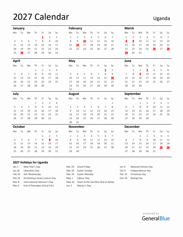 Standard Holiday Calendar for 2027 with Uganda Holidays