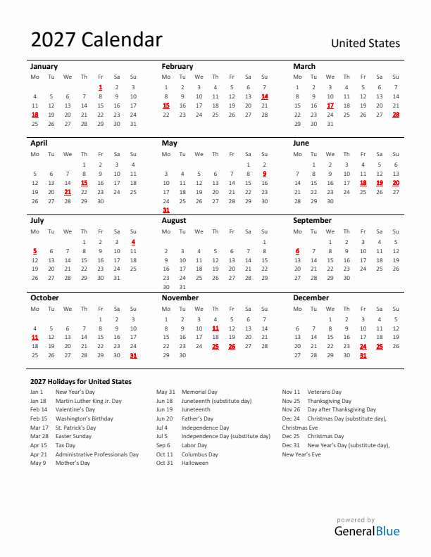 Standard Holiday Calendar for 2027 with United States Holidays