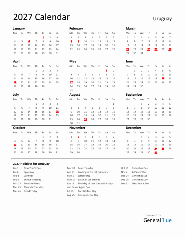 Standard Holiday Calendar for 2027 with Uruguay Holidays