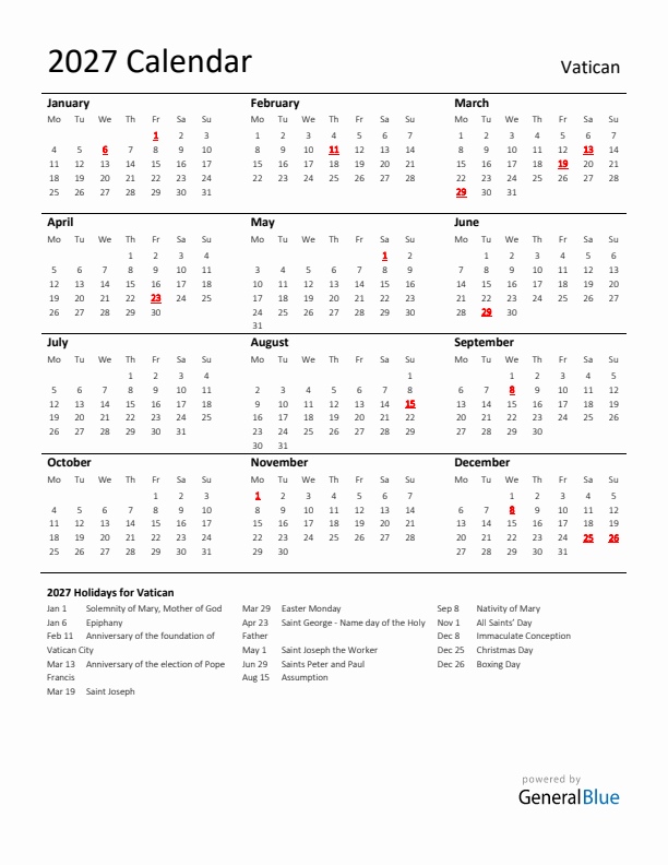 Standard Holiday Calendar for 2027 with Vatican Holidays