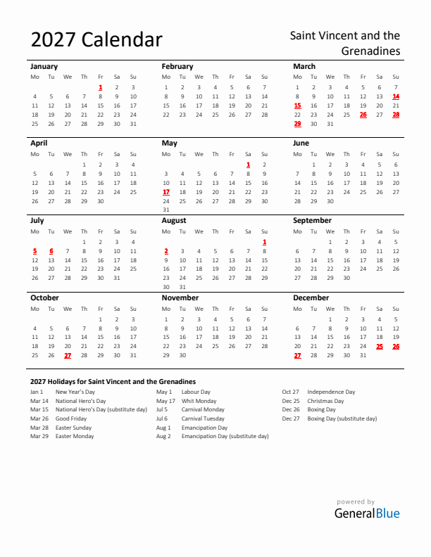 Standard Holiday Calendar for 2027 with Saint Vincent and the Grenadines Holidays 