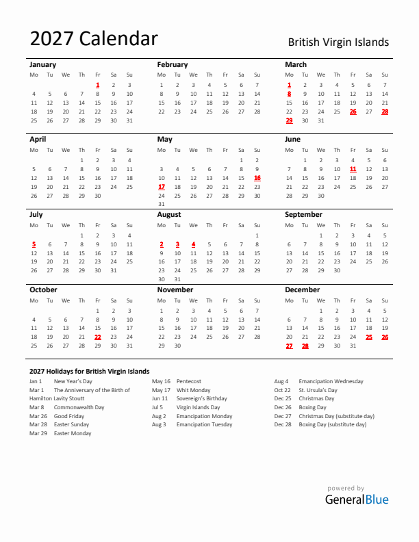 Standard Holiday Calendar for 2027 with British Virgin Islands Holidays 