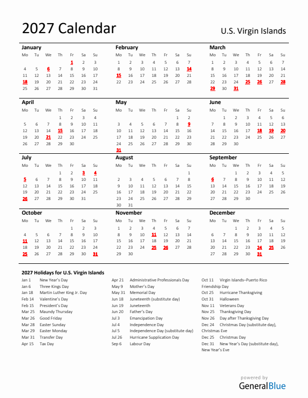 Standard Holiday Calendar for 2027 with U.S. Virgin Islands Holidays 