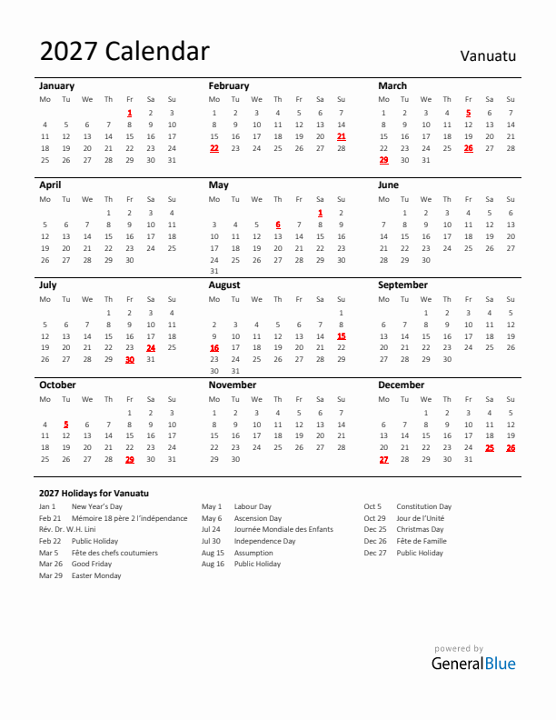 Standard Holiday Calendar for 2027 with Vanuatu Holidays 
