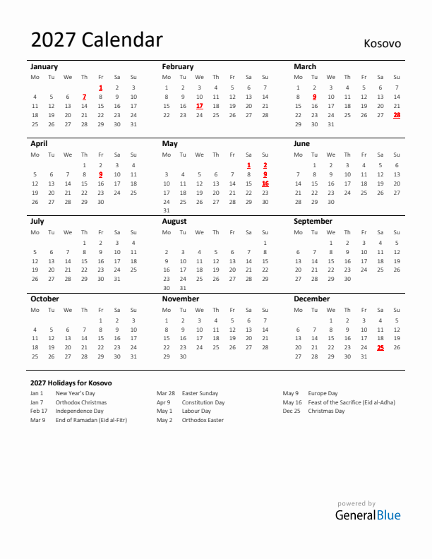 Standard Holiday Calendar for 2027 with Kosovo Holidays