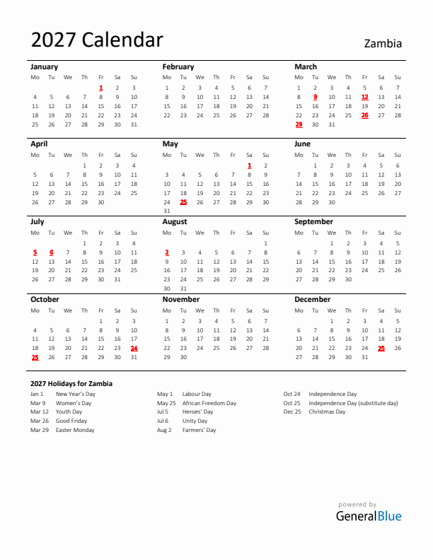 Standard Holiday Calendar for 2027 with Zambia Holidays