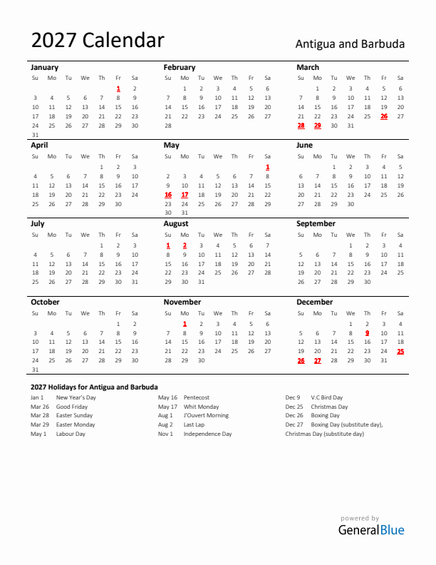 Standard Holiday Calendar for 2027 with Antigua and Barbuda Holidays