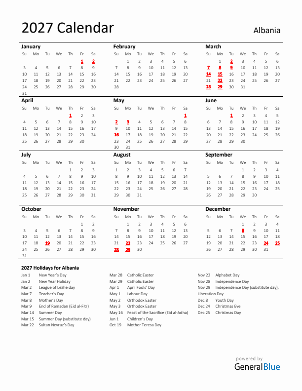 Standard Holiday Calendar for 2027 with Albania Holidays